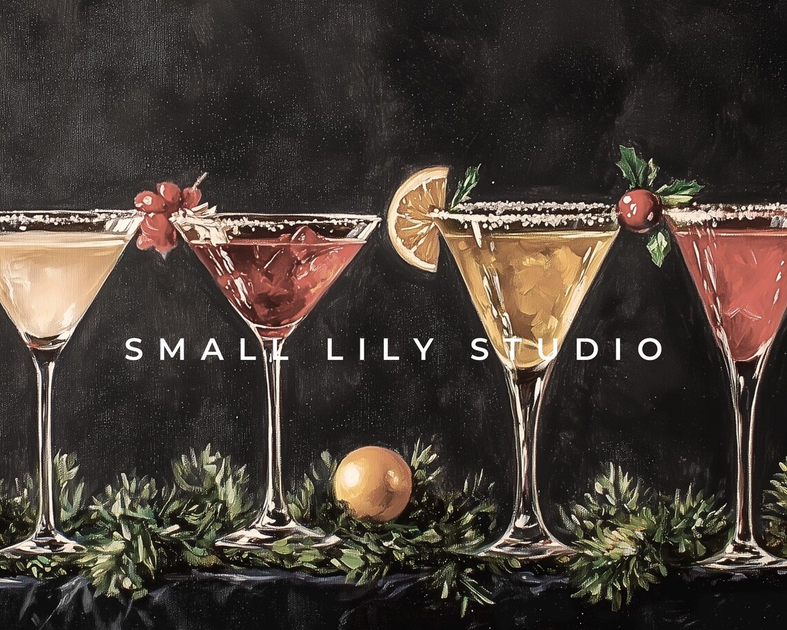 Colorful Holiday Cocktail Glasses With Evergreen Garland New Year Bar Poster - Image 4
