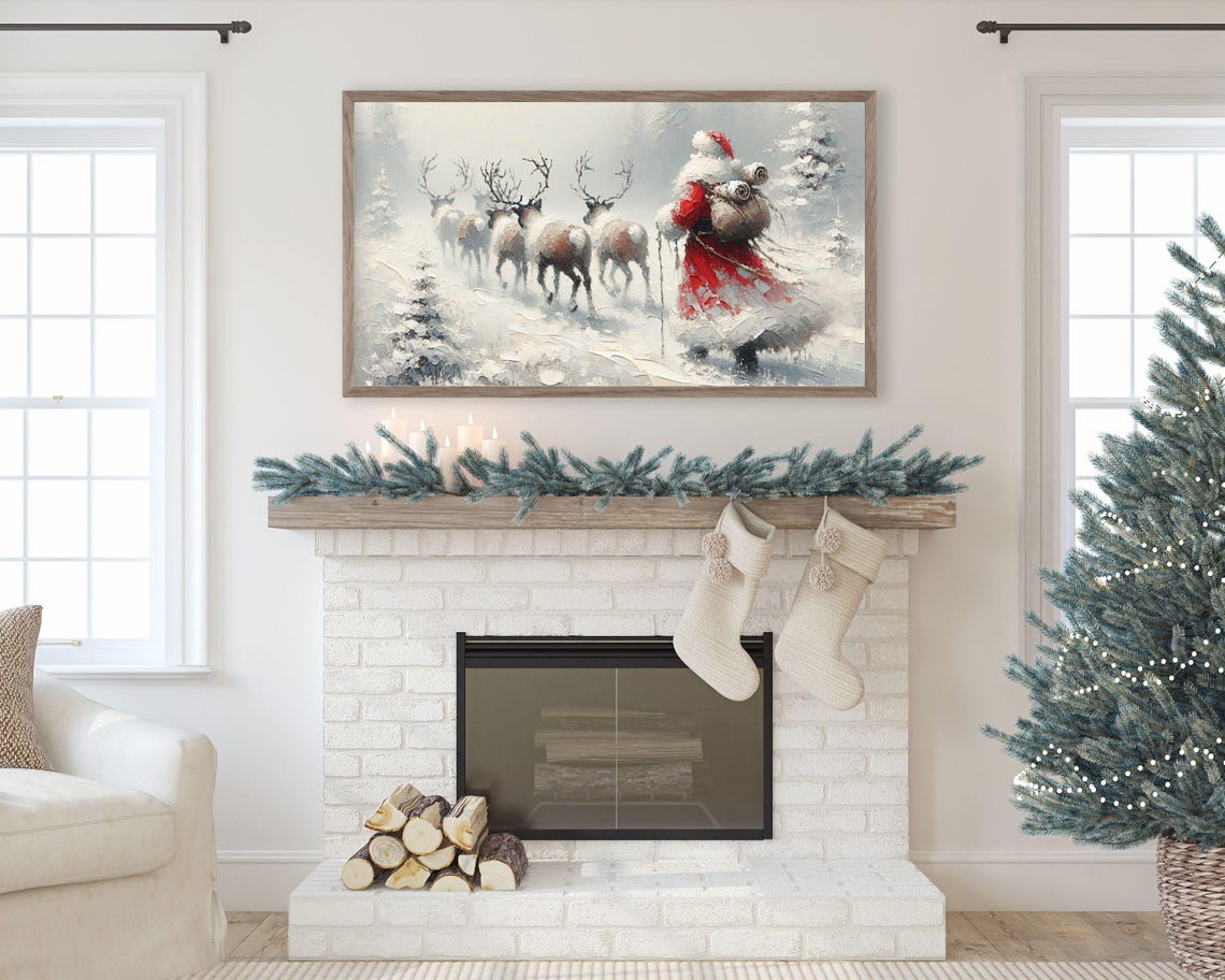 Frame Tv Art Santa And Reindeer Walking Frame Tv Christmas Art White Winter Snow Landscape Vintage Style Santa Tv Picture Tv434 - Image 2