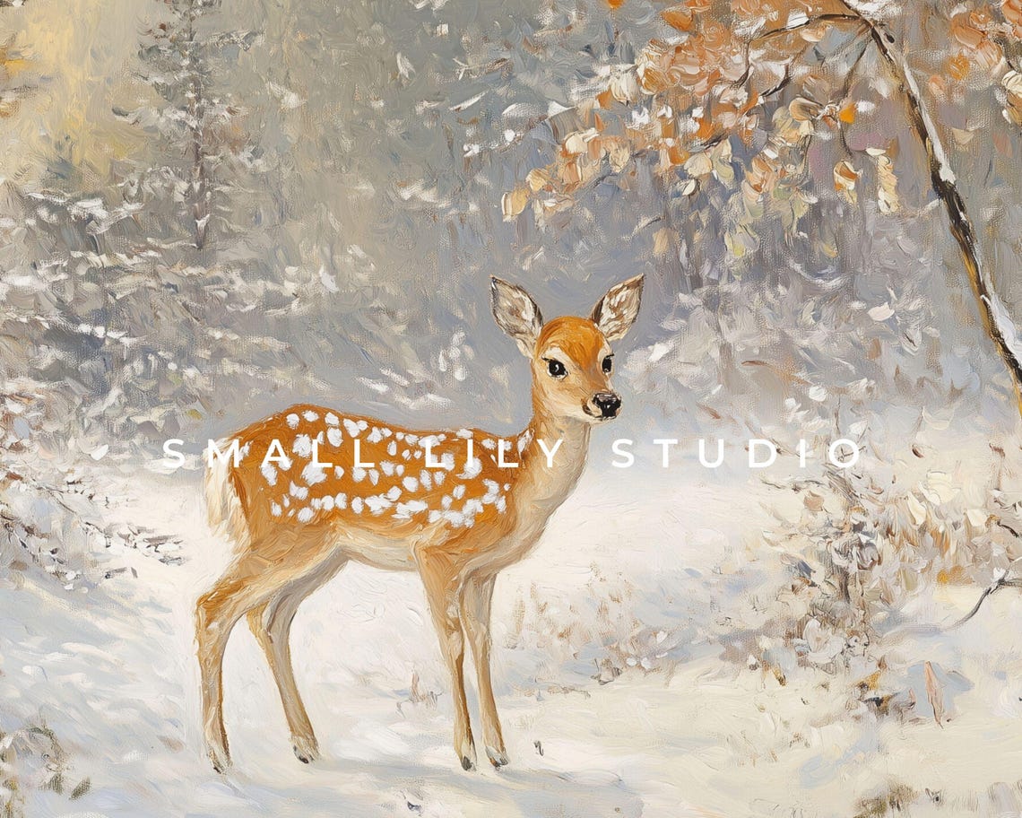 Frame Tv Art Baby Deer In Winter Landscape Neutral Frame Tv Art Vintage Painting Style Cute Animal Tv Screensaver For Kids Tv561 - Image 4