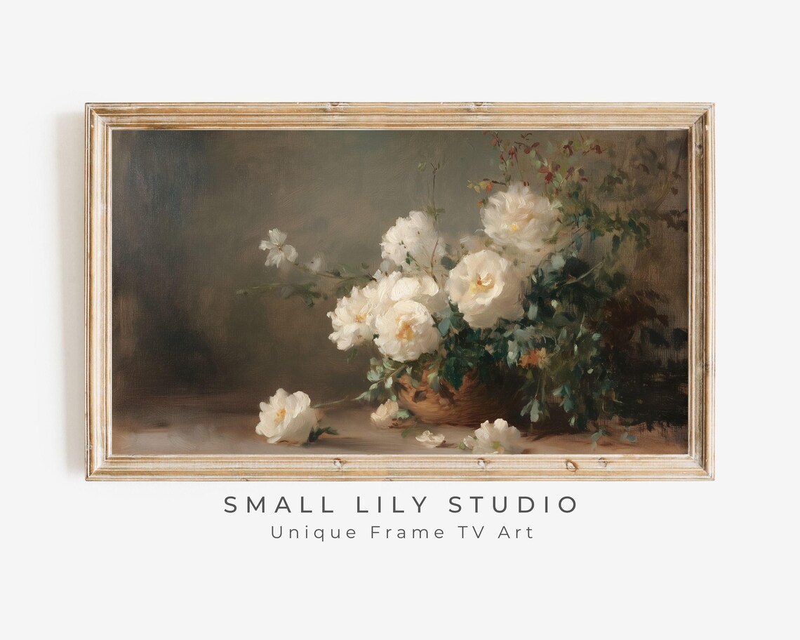 White Roses In Woven Basket Dark Moody Vintage Floral Poster