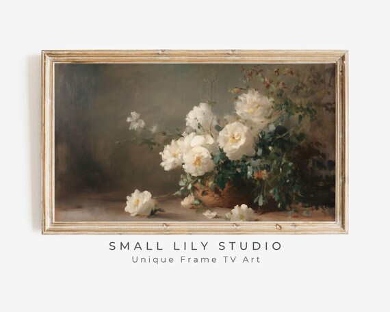 Frame Tv Art Warm White Roses On Brown Neutral Frame Tv Art Vintage Style Flower Still Life Painting Dark Moody Floral Art Tv623