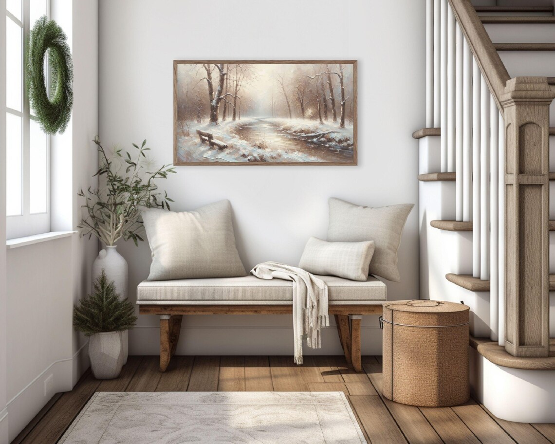 Winter Stream Snowy Forest Bench Warm Light Rustic Vintage Landscape Art Poster - Image 3