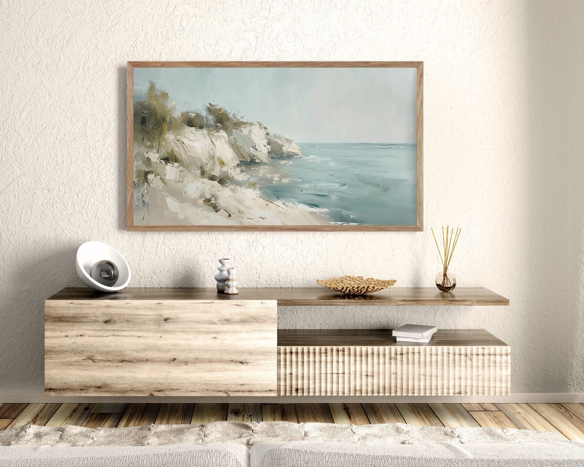 Neutral Abstract Coastal Cliffs Painting Sage Beige Modern Wall Art - Image 3