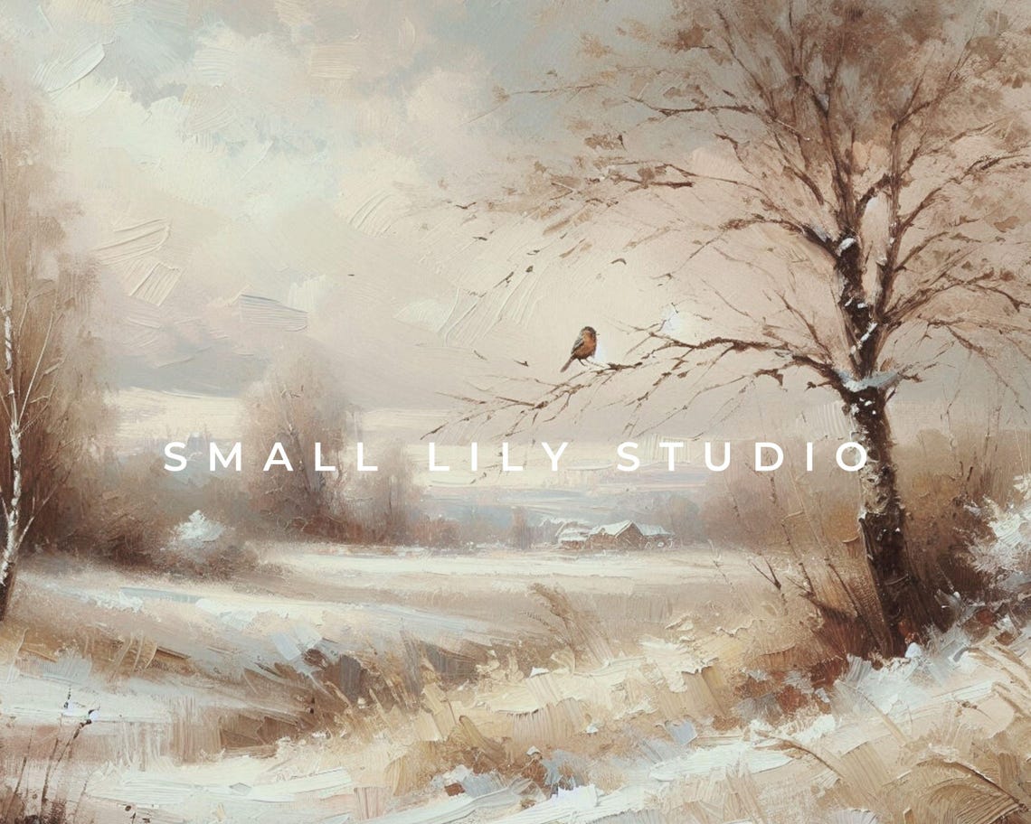 Little Bird Branch Soft Winter Landscape Brown White Rustic Art Poster - Image 4