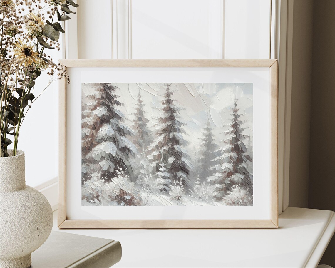 Snow Covered Pine Trees in Winter Forest Impasto Neutral Textured Print - Image 2
