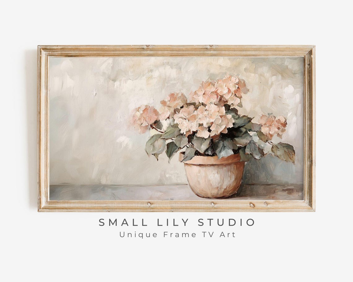 Pink Hydrangeas In Terracotta Pot Vintage Floral Still Life Poster