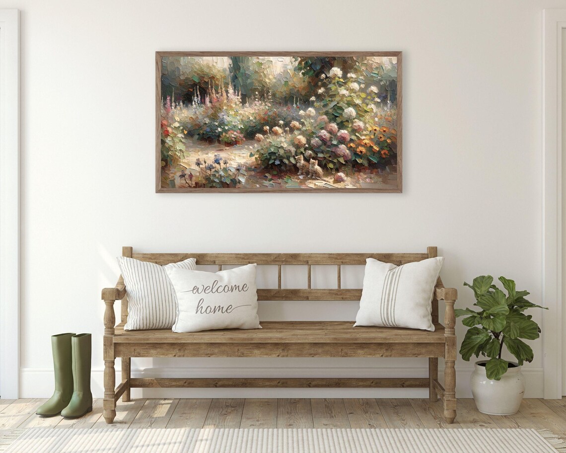 Kittens In Cottage Garden Flowers Impasto Oil Painting Vintage Poster - Image 3