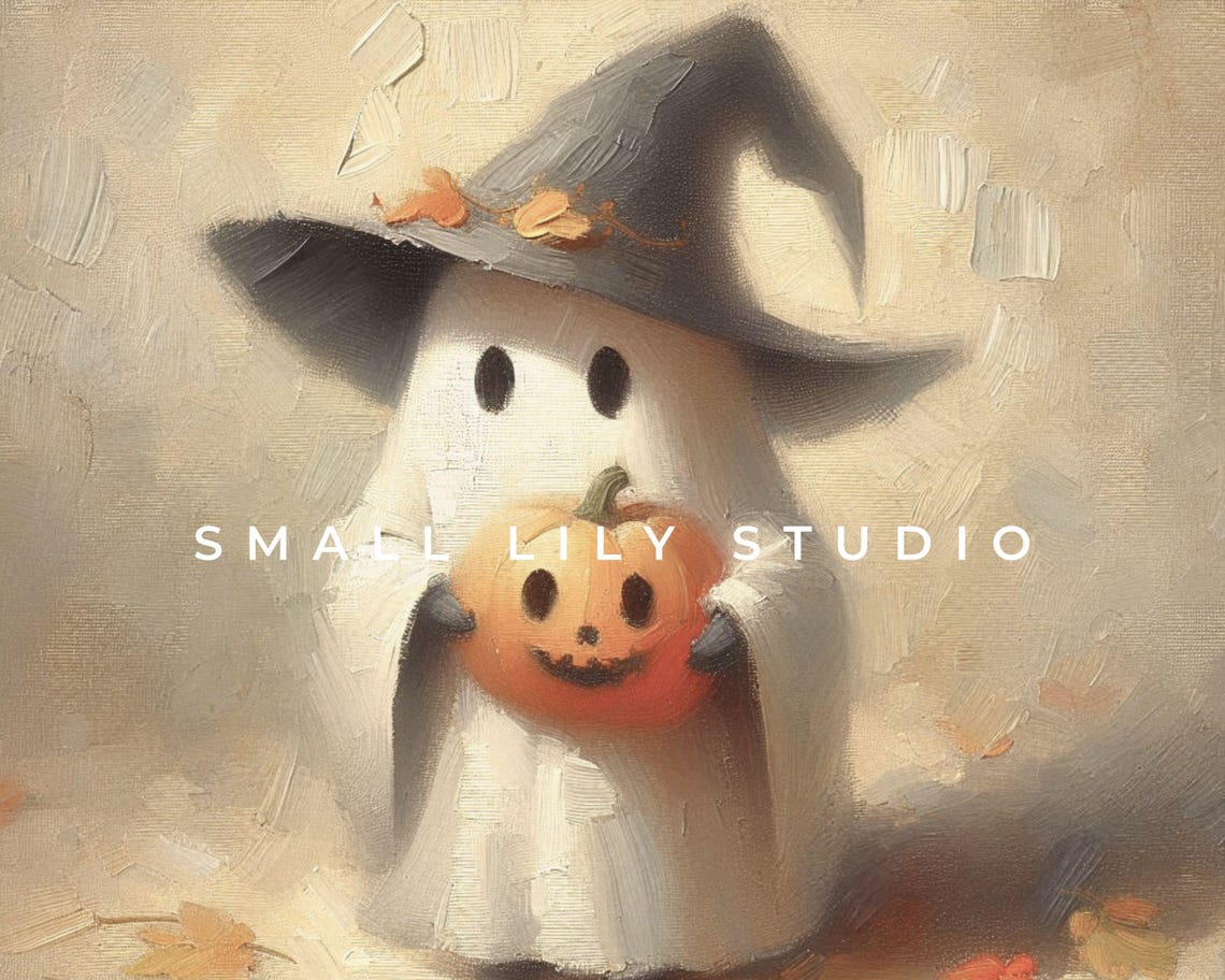 Cute Ghost Witch Hat Holding Jack O Lantern Halloween Painting Poster - Image 4