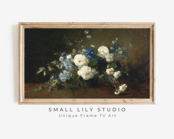Frame Tv Art Blue And White Still Life Flowers Frame Tv Art Vintage Style Flower Painting Dark Moody Floral Artwork Tv621