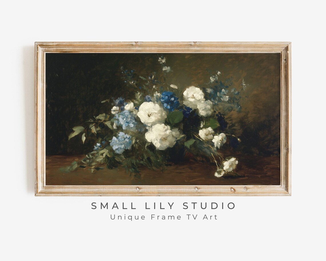 White Roses And Blue Flowers Dark Moody Vintage Still Life Poster