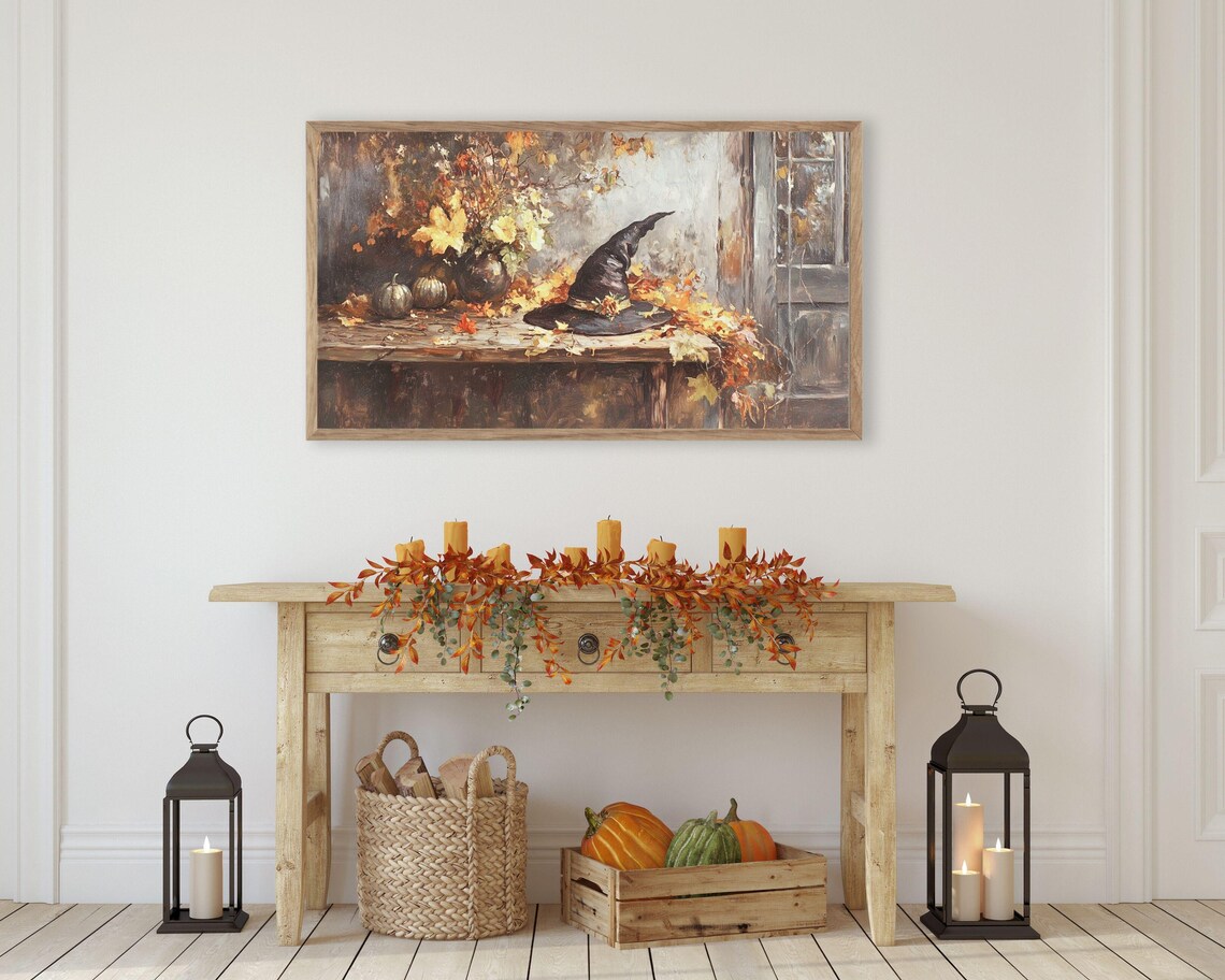 Witch's Hat in Fall Leaves, Rustic Vintage Halloween Art - Image 3
