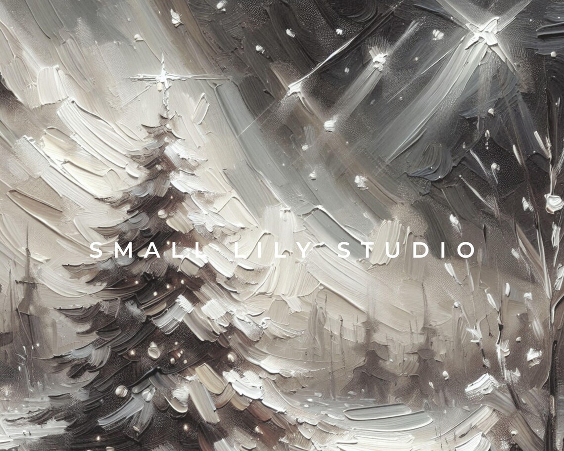 Black White Pine Tree Night Stars Snow Abstract Textured Winter Art Poster - Image 4