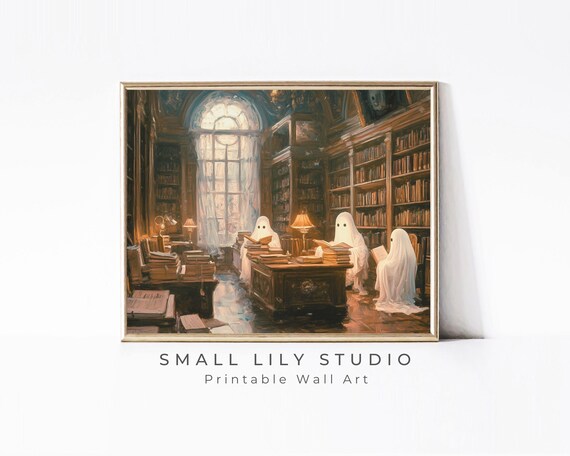 Halloween Ghosts Reading In Library Vintage Style Halloween Wall Art Moody Halloween Print Cute Spooky For Book Lovers P088