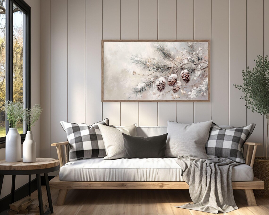 Pine Cones on Branch Winter Farmhouse Christmas Art Print - Image 2