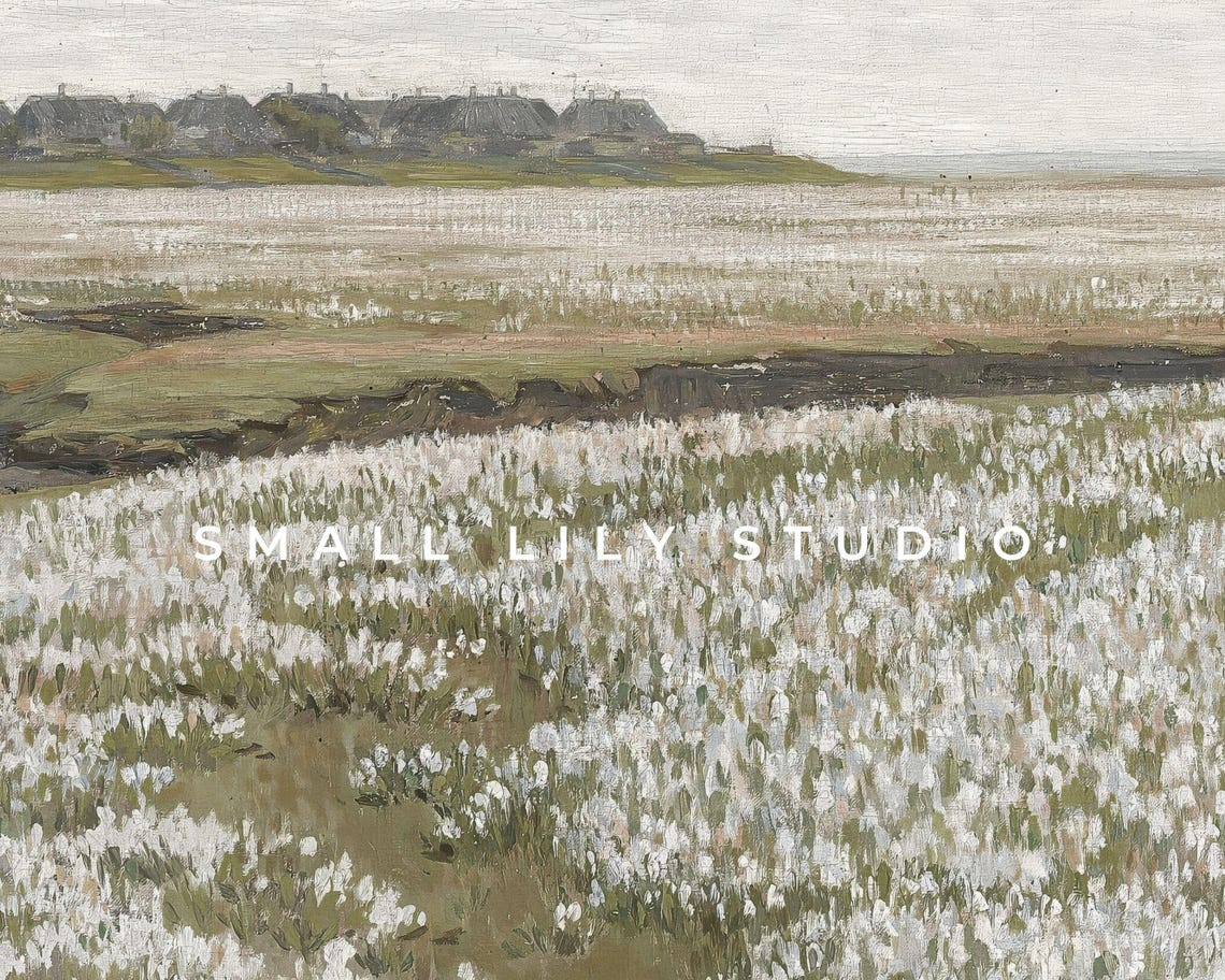 White Wildflower Meadow Neutral Muted Vintage Landscape Art Print - Image 4
