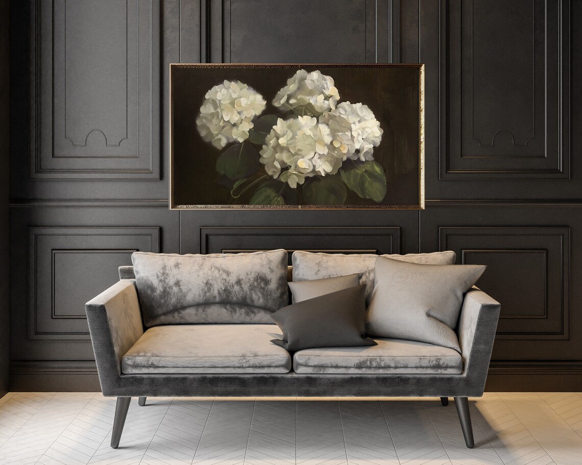 Moody White Hydrangeas Still Life, Vintage Style Art Print - Image 2
