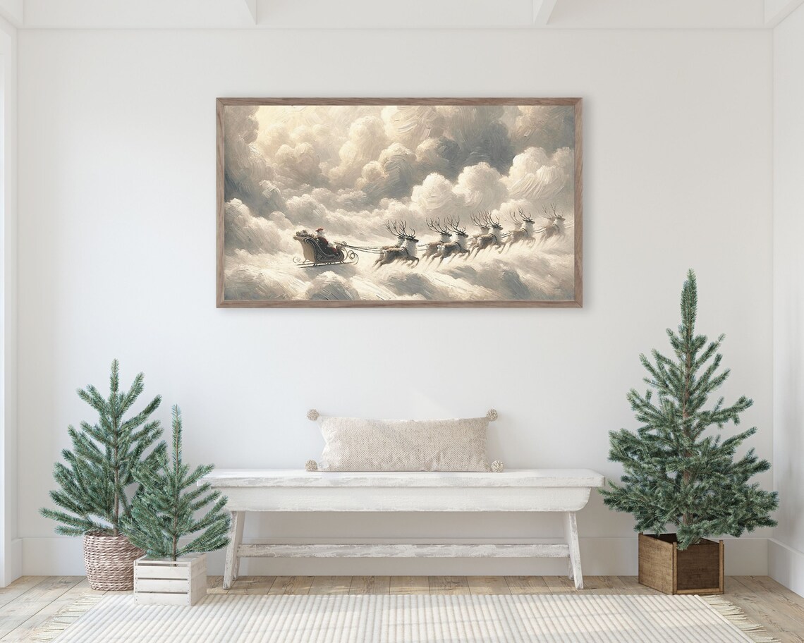 Flying Santa Sleigh And Reindeer Christmas Art Print - Image 2