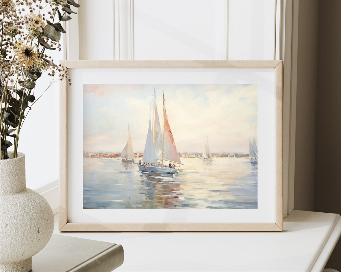 Sailboats On Calm Water Vintage Style Coastal Boats Sailing Painting Poster - Image 2