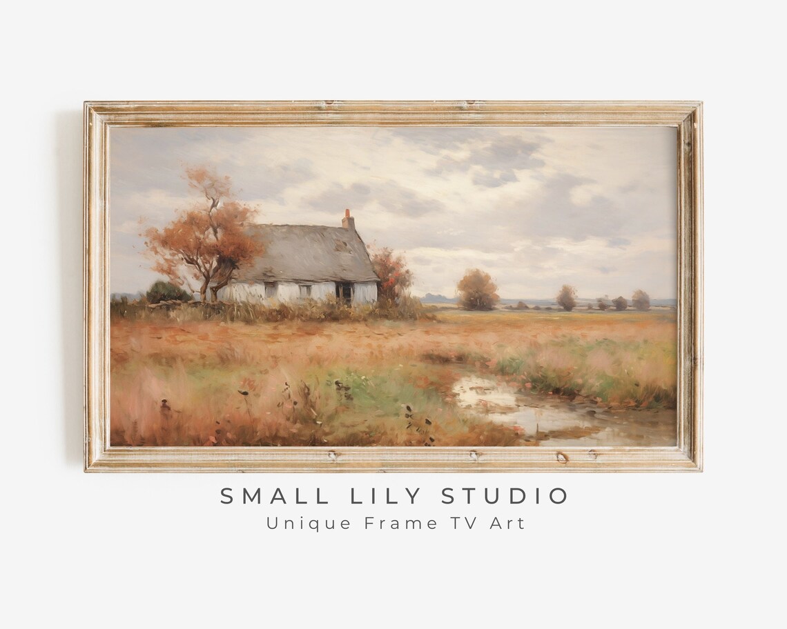 White Cottage In Autumn Field With Orange Grasses Vintage Oil Poster