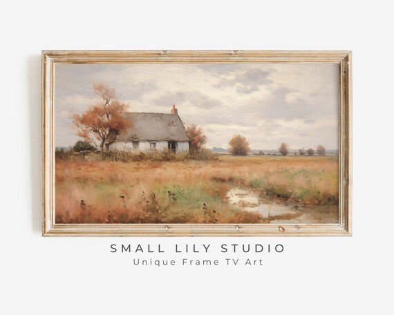 White Cottage In Autumn Field With Orange Grasses Vintage Oil Poster
