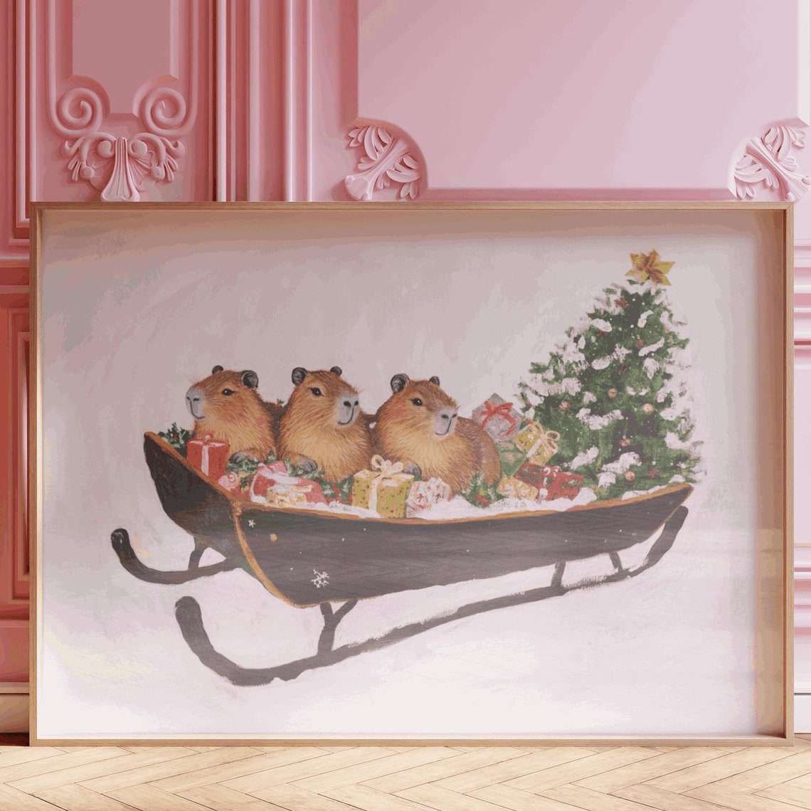 Three Capybaras Riding a Sleigh with Christmas Tree Holiday Poster - Image 3