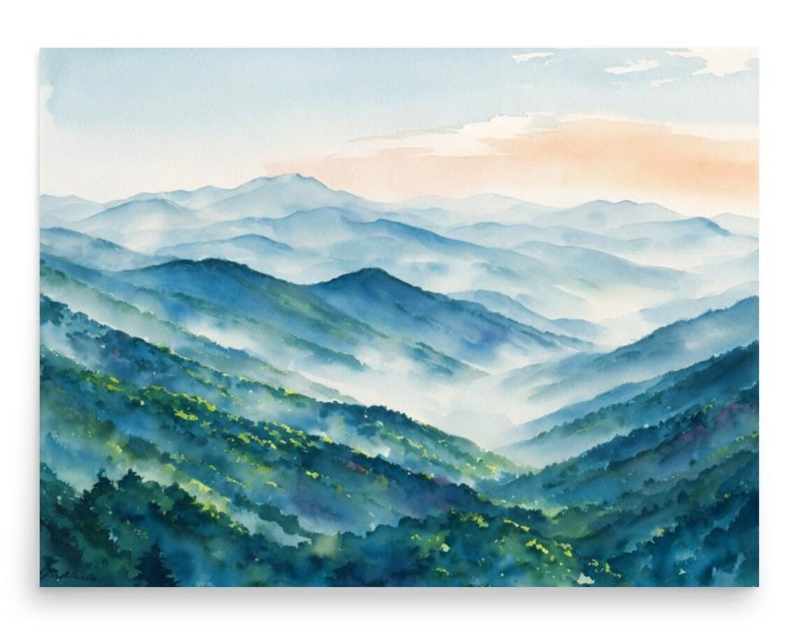 Blue Ridge Misty Mountain Layers Watercolor Smoky Panoramic Art Poster