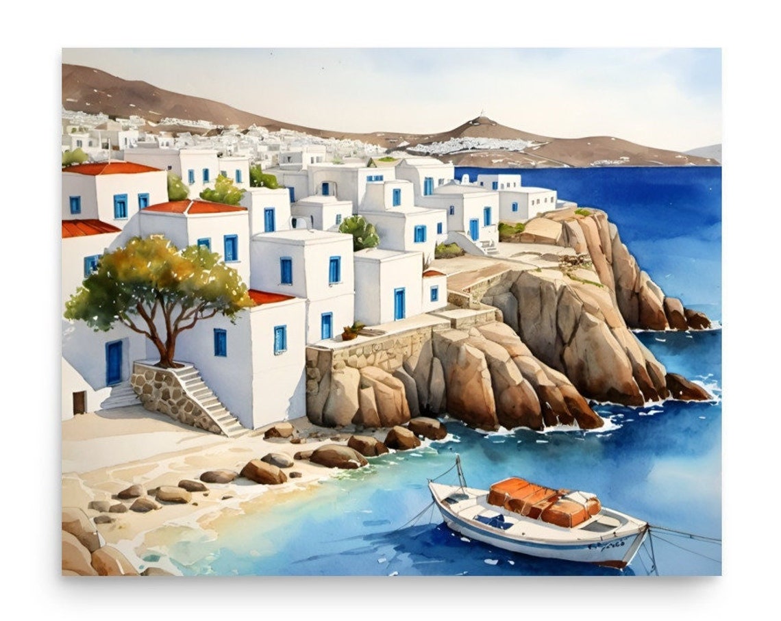 Mykonos Painting Greece Watercolor Art Print Greek Island Wall Art Cyclades Islands Travel Poster Mykonos Cityscape Artwork Greece Gifts