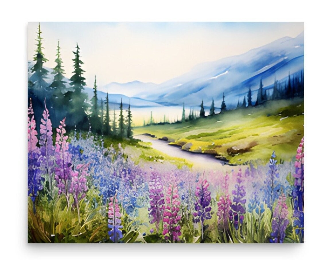Purple And Pink Lupine Meadow By River Valley Watercolor Floral Poster