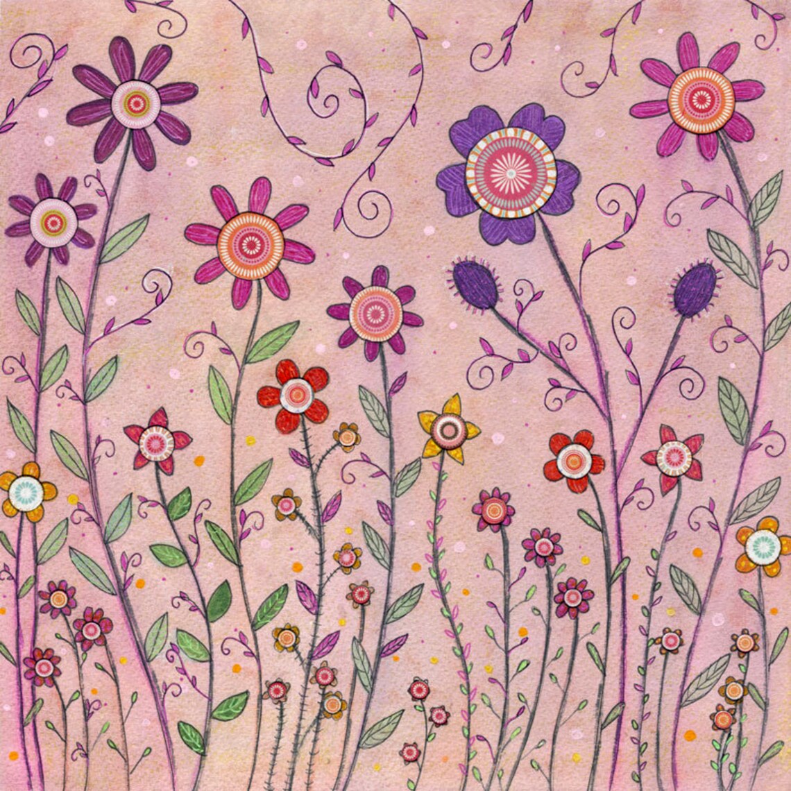 Whimsical Folk Art Daisy Flower Meadow Blush Pink Garden Poster