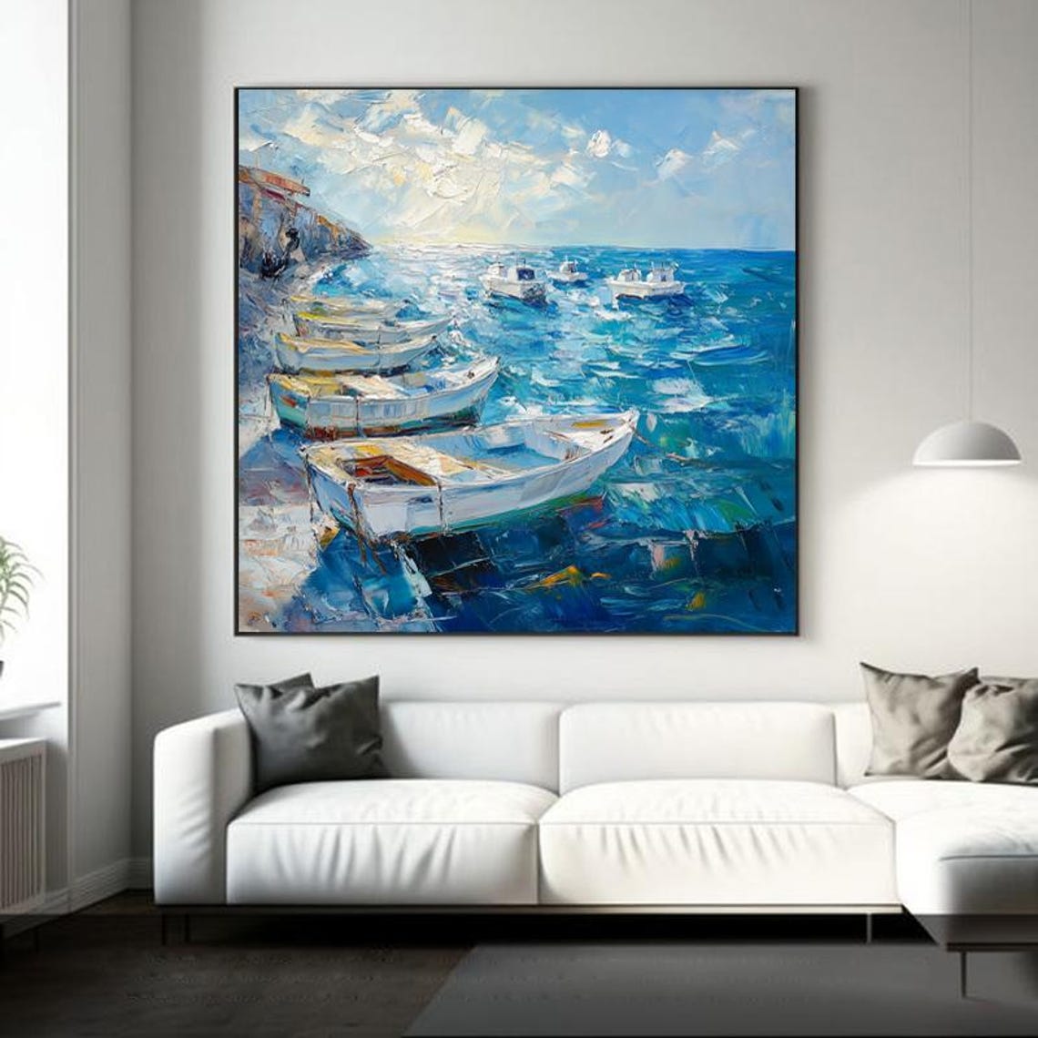 White Fishing Boats Bobbing on a Sparkling Blue Harbor Wall Art - Image 3