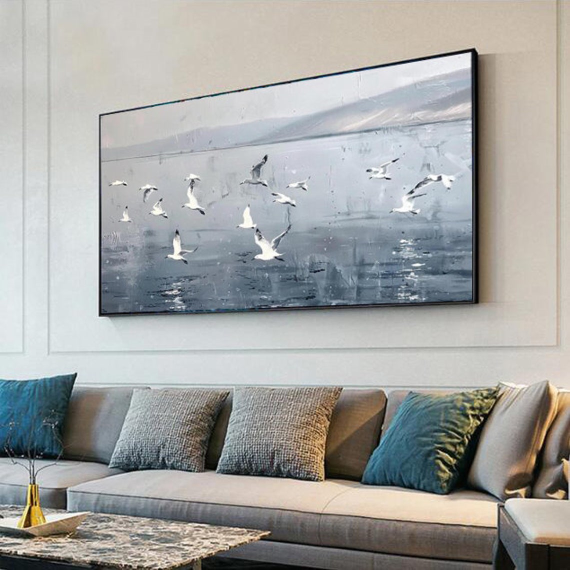 Seagulls Flying Over Grey Seascape Minimalist Bird Art Painting Poster - Image 5