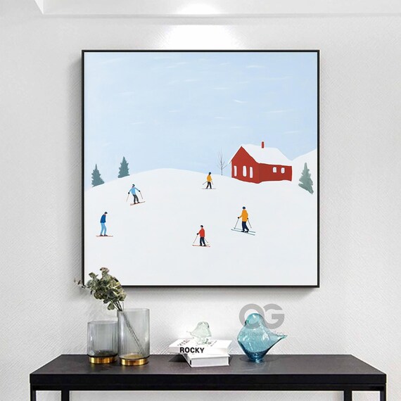 Original Skiing Painting Textured Ski Sport Painting Custom Art White Wall Art Personalized Gift For Skier Snowy Mountain Wall Decor