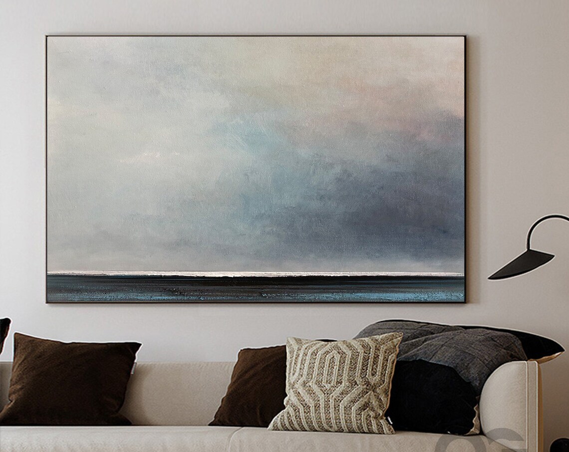 Moody Dark Seascape Abstract Ocean White Horizon Modern Painting Wall Art - Image 5
