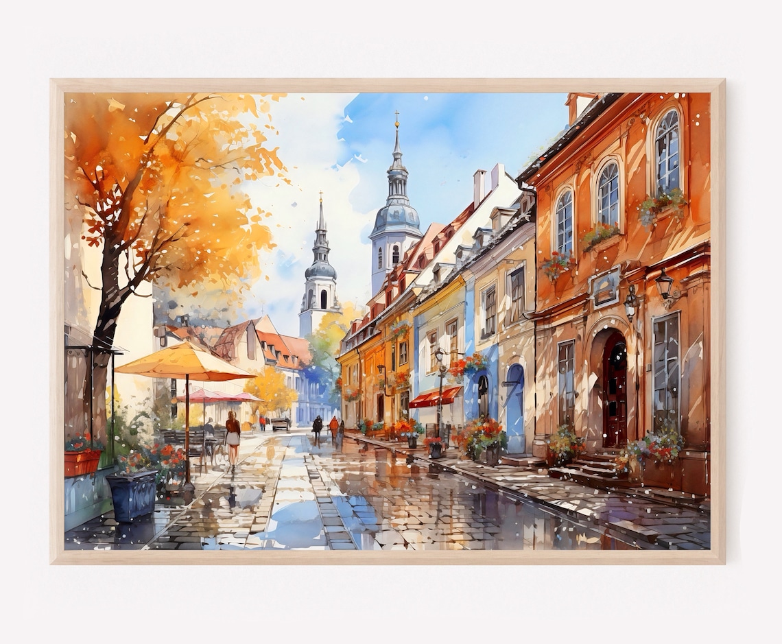 Old European Street Watercolor Church Towers Cityscape Art Poster