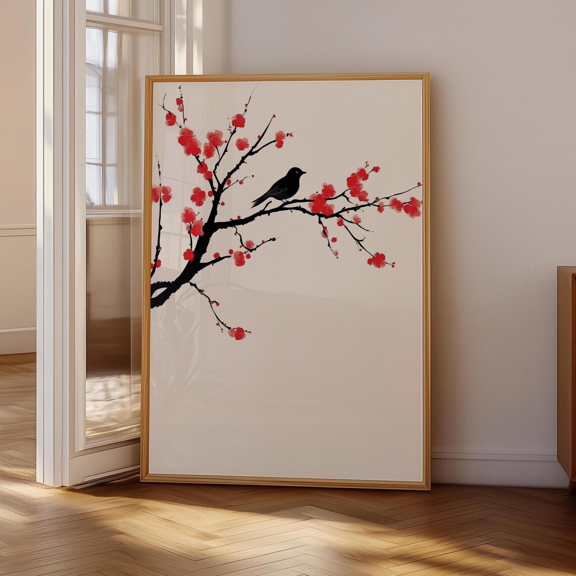 Lone Black Bird Ink Painting Resting On Red Blossom Branch Poster