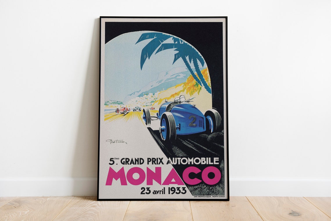 5th Grand Prix Automobile Monaco 1933 Vintage Race Car Blue Art Poster - Image 3