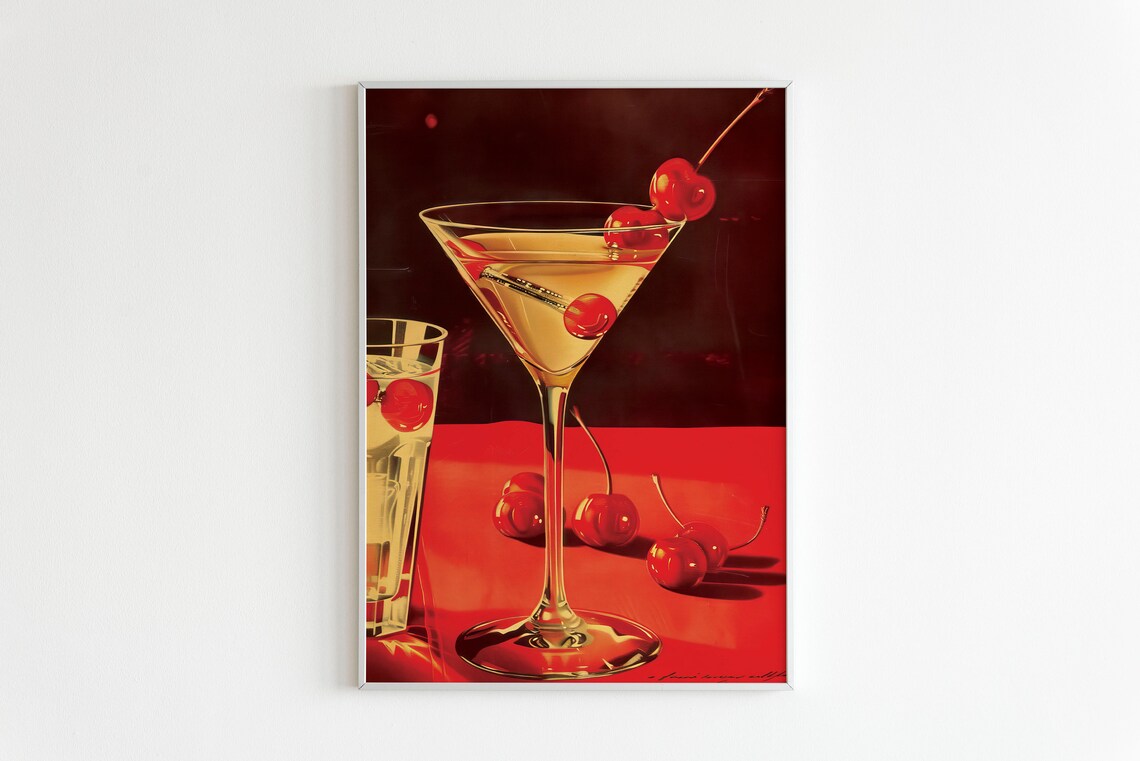 Retro Martini Cocktail With Cherries Vintage Red Bar Art Print