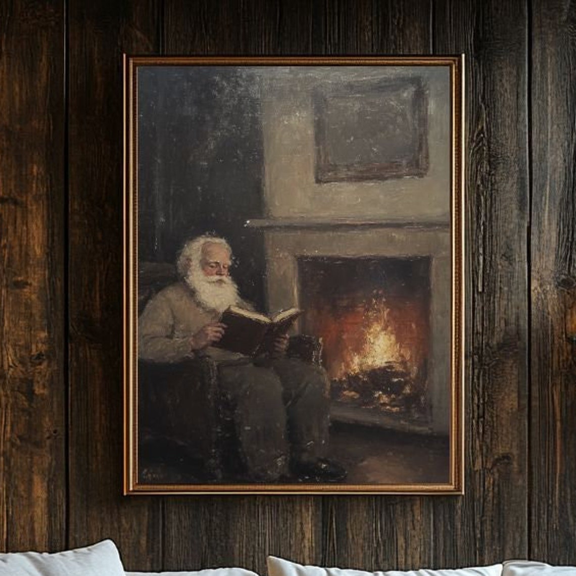 Vintage Santa Claus Reading A Book Oil Painting Print Father Christmas Print Vintage Christmas Decor Christmas Art Dark Academia Print