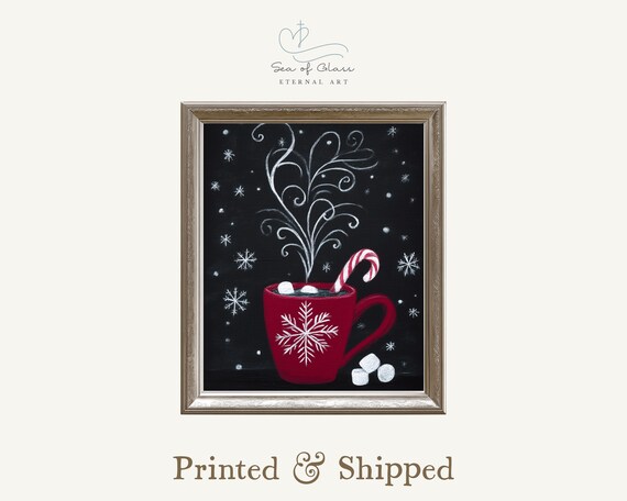 Hot Cocoa Marshmallows Candy Cane Red Mug Snowflake Winter Art Print