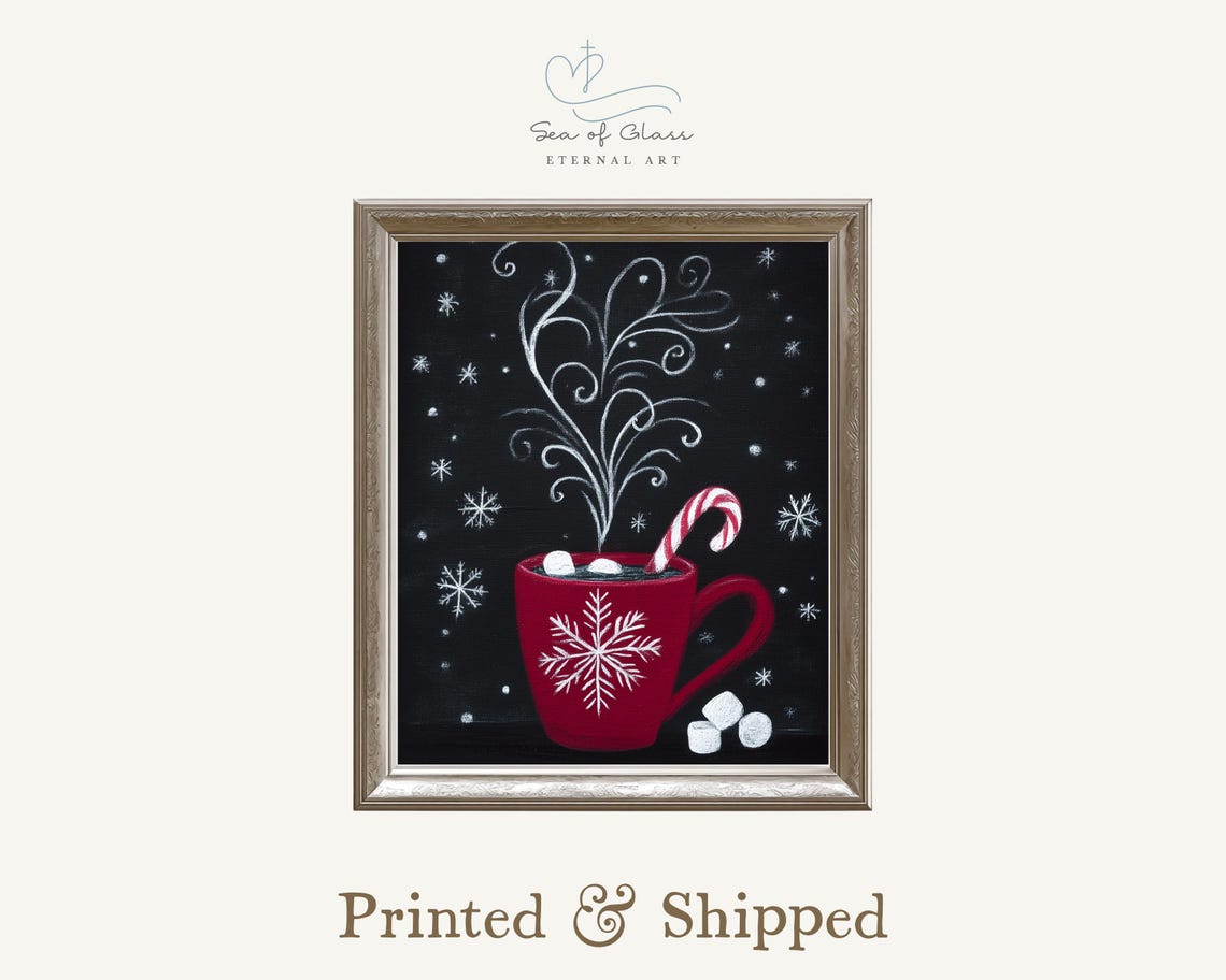 Hot Cocoa Marshmallows Candy Cane Red Mug Snowflake Winter Art Print