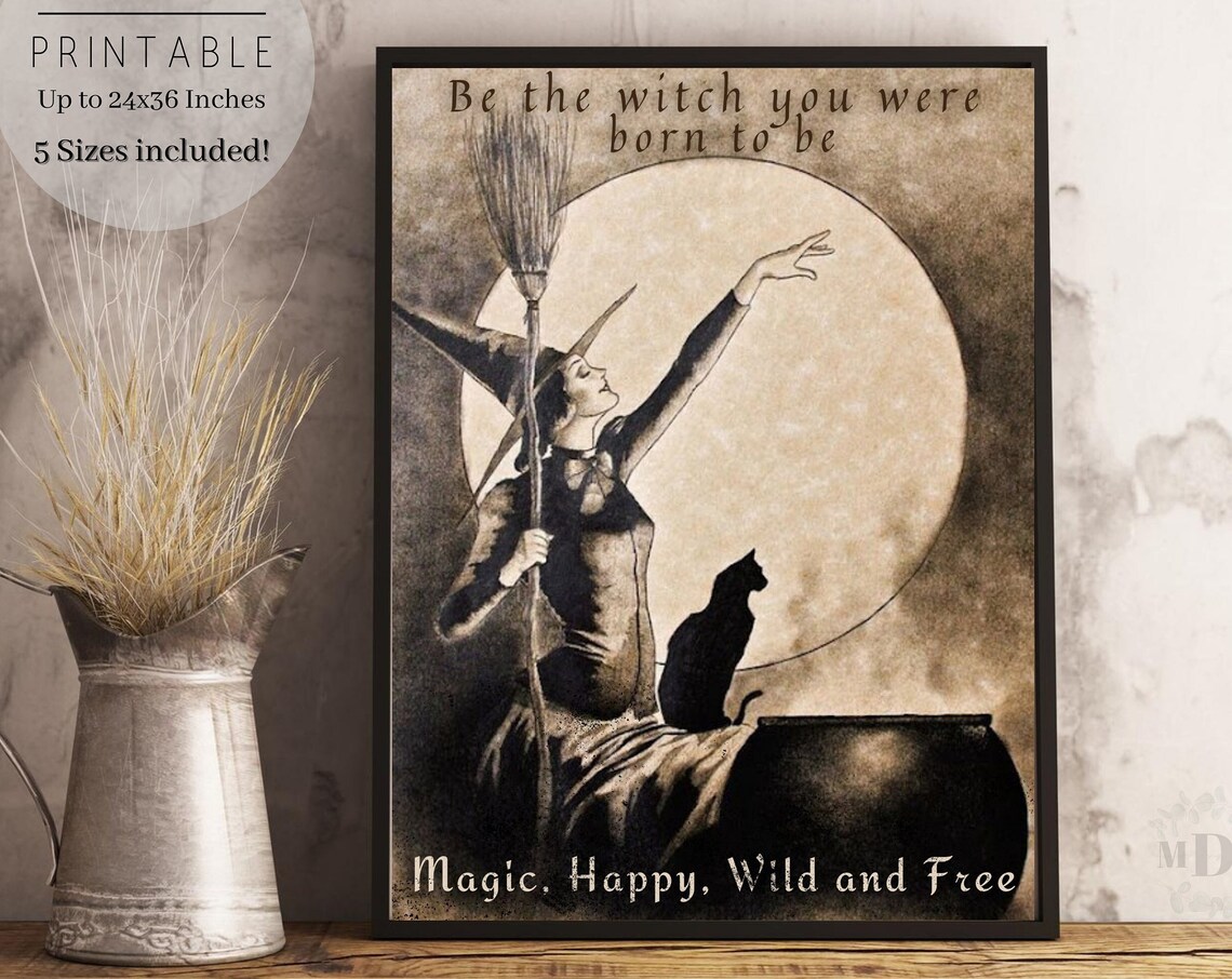 Halloween Witch Vintage Poster, Antique Book Page