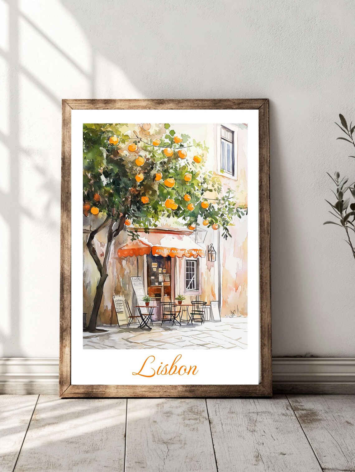 Lisbon Orange Tree over Cafe Awning Watercolor Street Scene Poster
