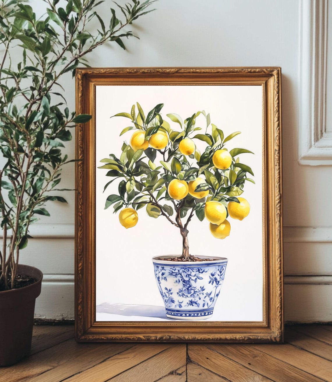 Bushy Lemon Tree in Patterned Blue Ceramic Pot Watercolor Poster