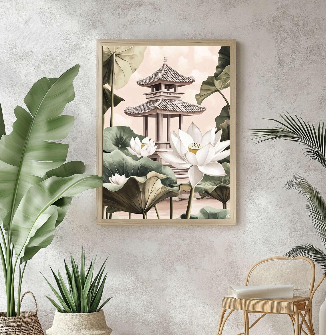 Asian Pagoda White Lotus Zen Garden Botanical Meditation Wall Art