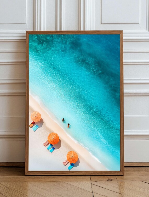 Aerial Turquoise Beach With Bright Orange Umbrellas Summer Poster