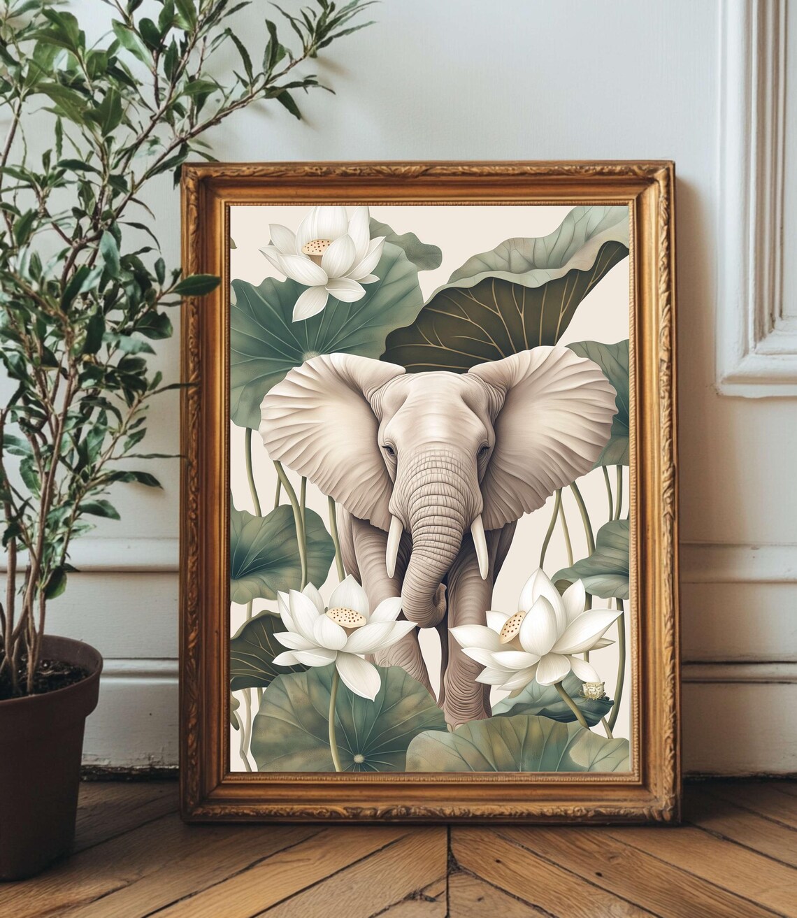 Elephant Jungle Wall Art Peaceful Botanical In The With White Flowers Wildlife Artwork