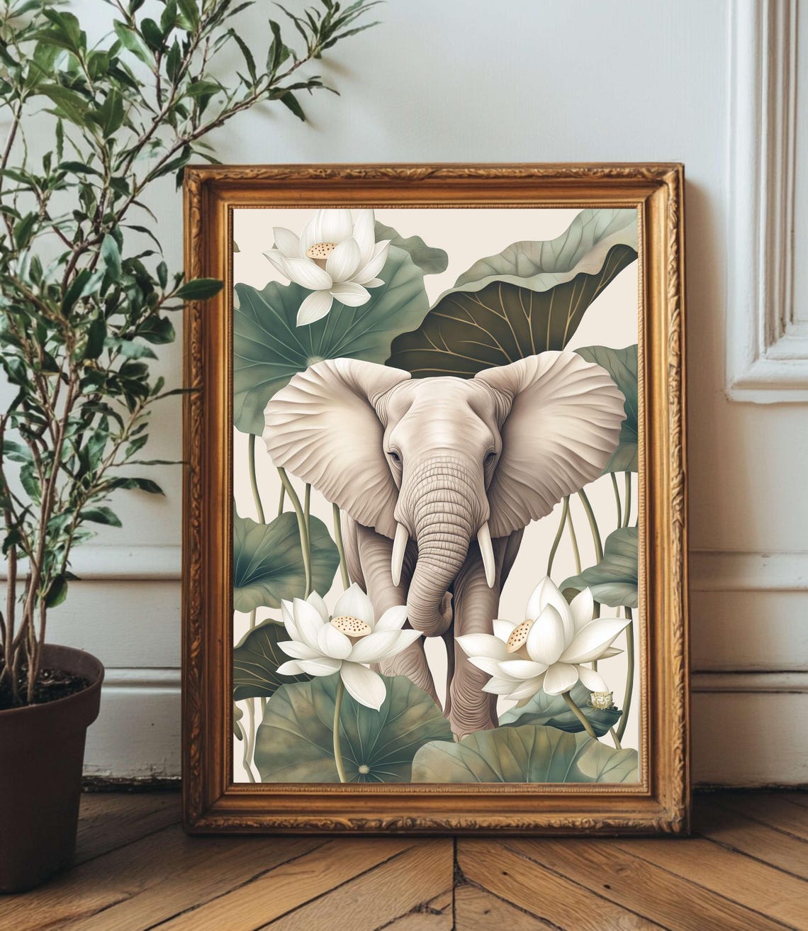 White Elephant White Lotus Flowers Botanical Illustration Poster
