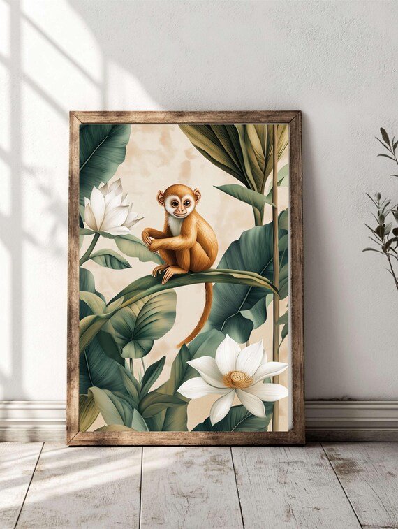3 Set White Lotusinspired Tropical Wall Art Botanical Monkeys Parrots Exotic Print For Home Decor