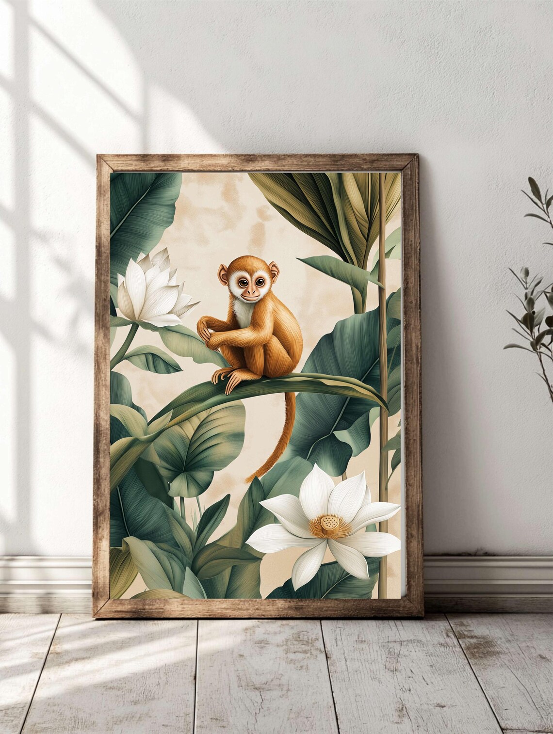 3 Set White Lotusinspired Tropical Wall Art Botanical Monkeys Parrots Exotic Print For Home Decor