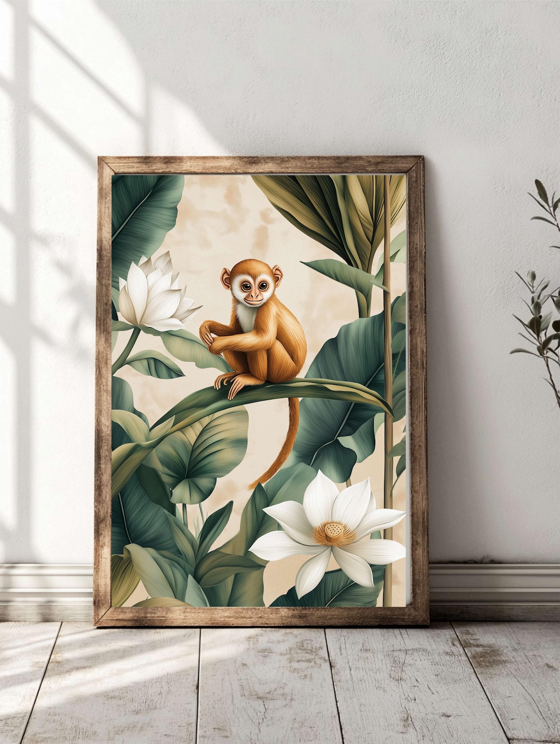 Golden Monkey Tropical Banana Leaves Lotus Flowers Jungle Wall Art